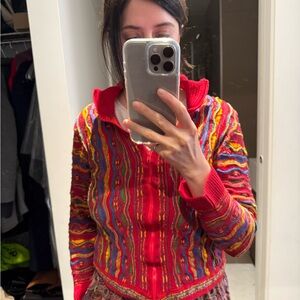 Red and Yellow Zip-Up Cardigan with Multicolored Pattern